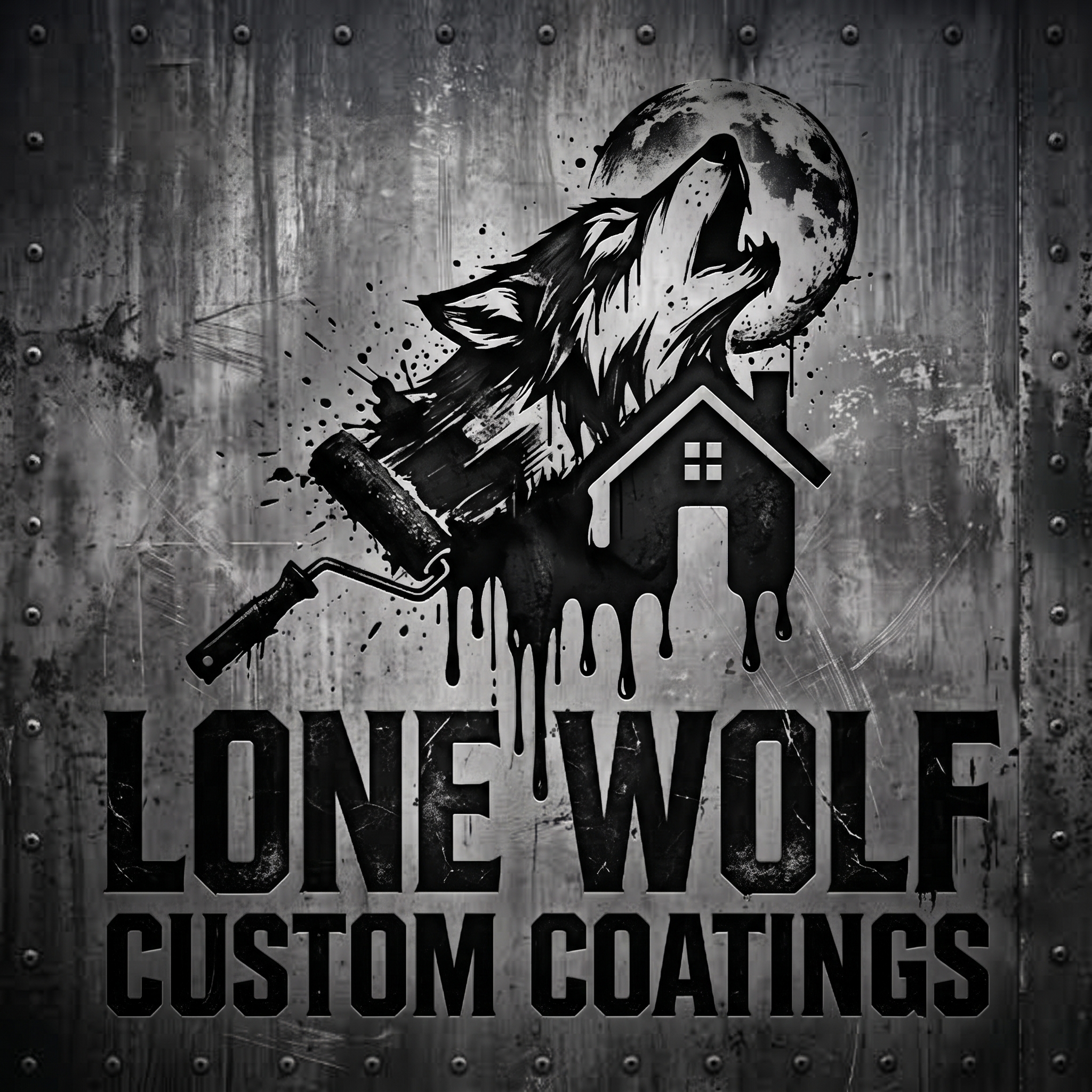 Lone Wolf Custom Coatings logo: a howling wolf, moon, house, and paint roller on a steel background